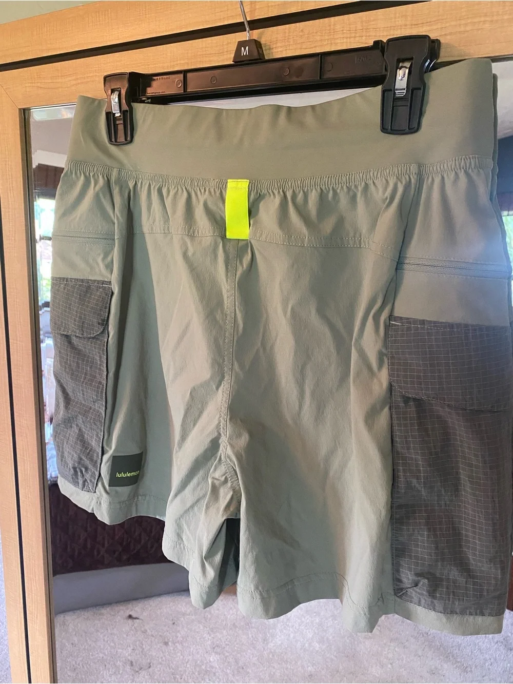 Womens Lululemon Detours Welcome Olive Green Active Shorts with Neon Accents